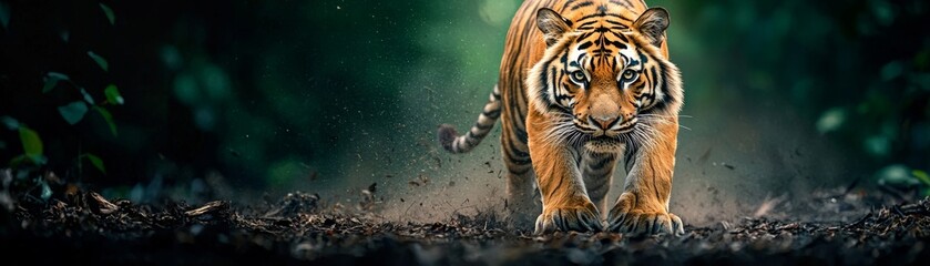 A majestic tiger prowls through a lush forest, showcasing its beauty and strength in a captivating nature scene.