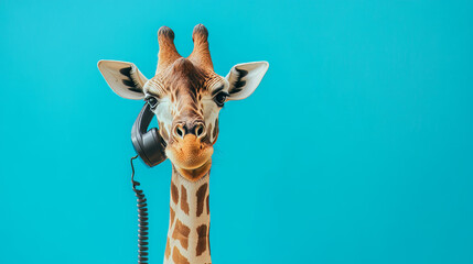 Obraz premium A tall, stylized giraffe dressed in a business suit stands upright, holding a smartphone to its ear with one of its hooves. The giraffe's expression is focused and engaged, as if in a serious conversa
