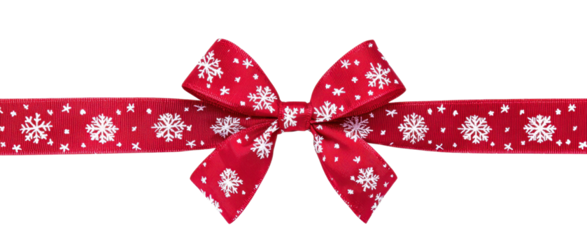 Red festive ribbon with a detailed snowflake pattern, tied into a bow. Perfect for holiday decorations and gift wrapping.