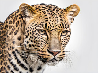 Obraz premium Leopard portrait on white background, closeup of head and neck