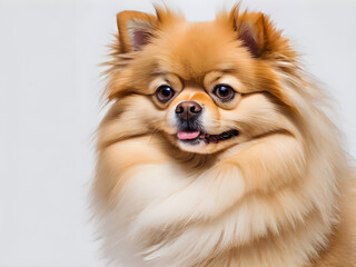 Portrait of a Pomeranian dog on a white background.