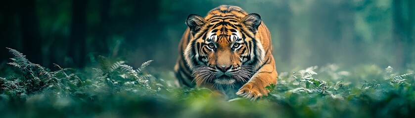 Fototapeta premium A majestic tiger prowls through the lush forest, showcasing its vibrant orange coat and fierce gaze. Nature's beauty at its finest.