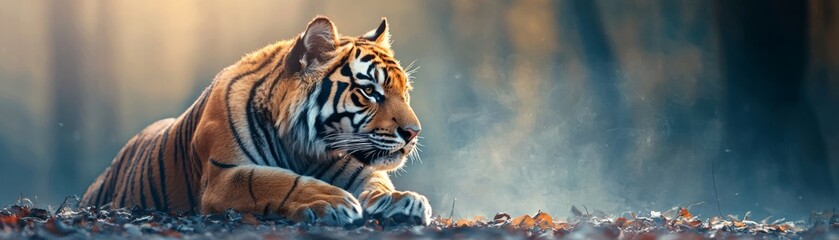 Obraz premium A majestic tiger rests in a serene forest, showcasing its vibrant stripes and powerful presence amid soft light and foliage.
