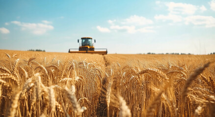 Fototapeta premium harvest wheat. combine harvester working on ripe wheat field, moisson, Ripe ears of gold field on the sunset, Agriculture, wheat crop 