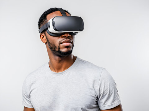 Young african american man using virtual reality headset against white background