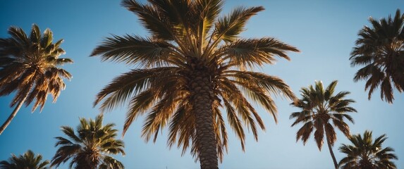 California palms in the wind over clear blue sky.
