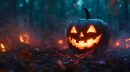 Naklejka premium A frightening pumpkin on a forest path, with a sinister smile and terrifying eyes, that appears every October 31st on the night of Halloween.