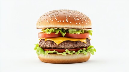 A detailed 3D illustration of a classic American burger with layers of lettuce, tomato, cheese, and a juicy beef patty, isolated against a white background