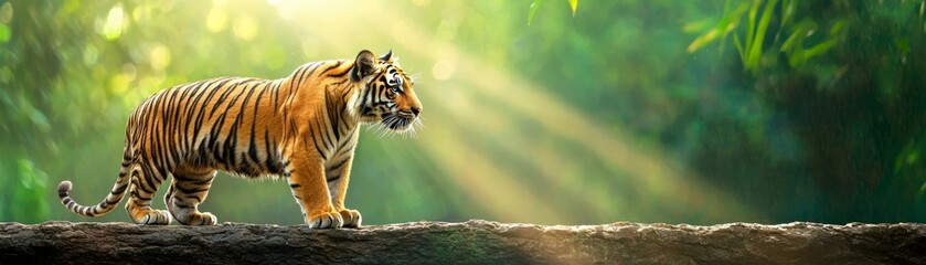 Obraz premium A majestic tiger walks gracefully through a lush green forest, illuminated by soft rays of sunlight, showcasing its beauty and strength.