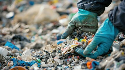 Close-up view of gloved hands meticulously sorting waste for recycling.sustainability, green, eco-friendly, protect, save, International Cleanup Day