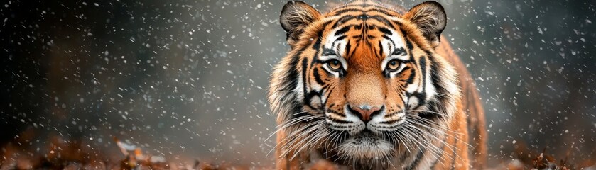 A majestic tiger walks through a snowy landscape, showcasing its powerful presence and stunning fur patterns against a dramatic backdrop.