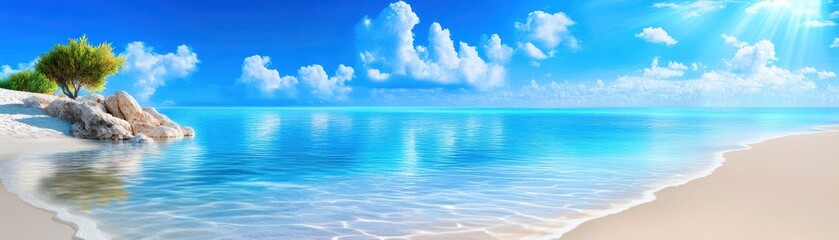 A bright, serene beach scene where every element is perfectly mirrored on the water, Photorealistic, Soft Lighting, Pastel Tones