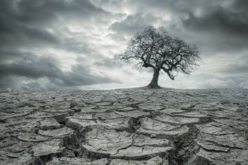 Resilience Amidst Environmental Destruction: Lone Tree in Barren Landscape Under Overcast Sky