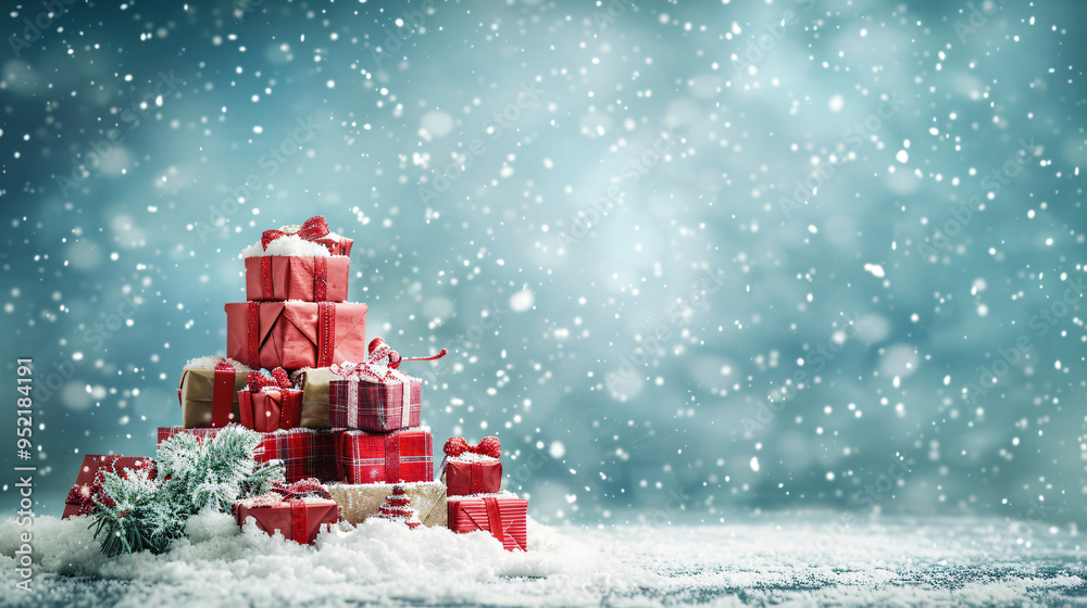 Poster pile of christmas presents on a snowy surface with falling snow and copy space on a blue background