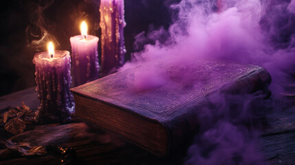 Magical Halloween Scene: Old Book with Purple Smoke and Candles
