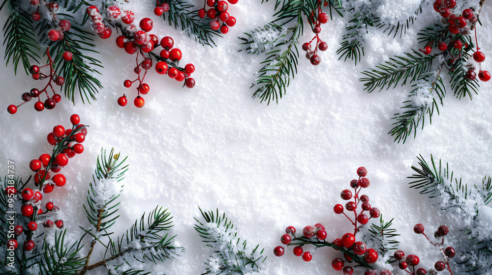 Poster christmas border consisting of fir branches and red berries on snow, providing ample copy space