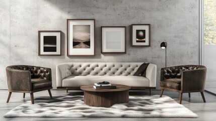 Bouclé sofa and two armchairs on a fur rug against a concrete wall with art frames, exemplifying loft-style minimalist interior design in a modern living room.