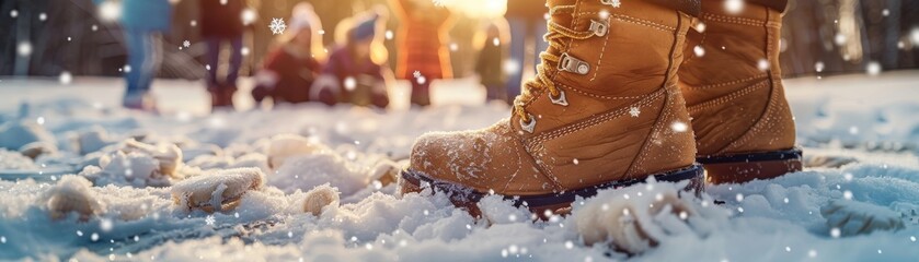 Close-up of boots in the snow with people in the background enjoying a sunny winter day