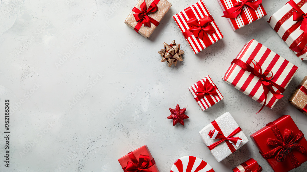 Poster Christmas presents in red and white wrapping paper are lying on a table, forming a festive background with space for text