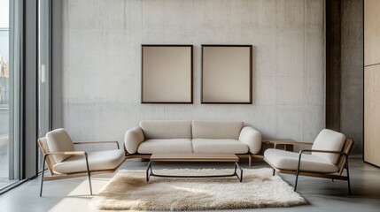 Bouclé sofa and two armchairs on a fur rug against a concrete wall with art frames, exemplifying loft-style minimalist interior design in a modern living room.
