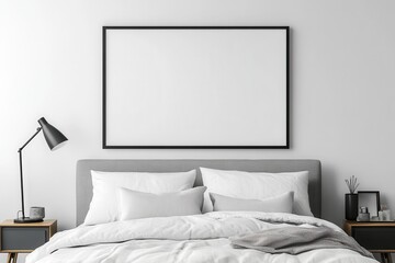 A minimalist bedroom with a large blank frame and cozy bedding.