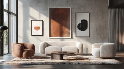 Bouclé sofa and two armchairs on a fur rug against a concrete wall with art frames, exemplifying loft-style minimalist interior design in a modern living room.