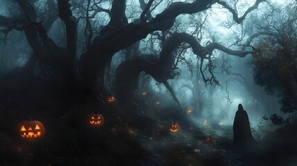 Fototapeta premium Eerie Autumn Forest with Glowing Pumpkins and Mysterious Shrouded Figures