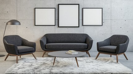 Bouclé sofa and two armchairs on a fur rug against a concrete wall with art frames, exemplifying loft-style minimalist interior design in a modern living room.