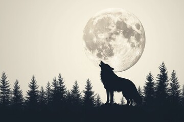 A majestic wolf howls at a bright full moon, surrounded by silhouetted trees, evoking the wild beauty of nature at night.