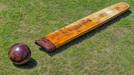 Close-Up of Cricket Ball and Bat on Grass Field, capturing the essence of traditional cricket with detailed focus on sports gear and the vibrant green of the cricket pitch