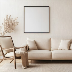 Modern minimalist living room with a beige sofa, cream walls, black-framed blank picture, and a cozy armchair draped with an earthy throw.