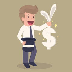 Businessman surprise stock profit investment, magical to be rich success financial saving concept, smart businessman performing wizard show by pulling.vector