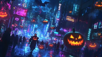 Spooky Halloween Night in a Neon Lit City with Glowing Pumpkins and Mysterious Figures