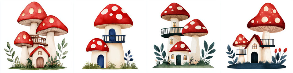 Whimsical double decker mushroom houses with vibrant red caps and charming details create magical scene.