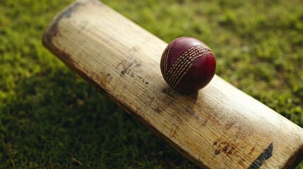 Close-Up of Cricket Ball and Bat on Grass Field, capturing the essence of traditional cricket with detailed focus on sports gear and the vibrant green of the cricket pitch
