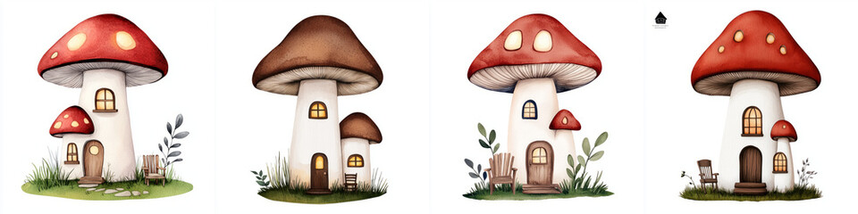 A whimsical mushroom house with spiral cap, featuring vibrant red and brown tops, surrounded by greenery and charming details.