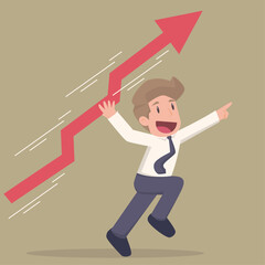 Business growth, success and improvement concept.Happy determined strong businessman character throwing rising up red arrow to achieve goal vector.illustration.vector