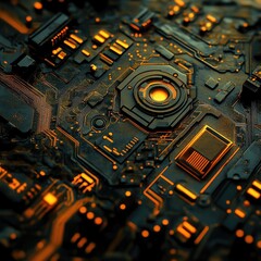 Fototapeta premium Abstract close-up of a circuit board with glowing components, highlighting technology and innovation in modern electronics.