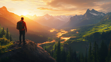 Obraz premium Adventurous Hiker Admires Misty Mountain Sunset: A Journey to Serenity