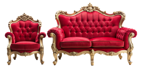 Baroque red velvet chair and sofa isolated on white background.AI GENERATED