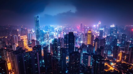 Obraz premium City skyline view from a rooftop at night, featuring skyscrapers and bright city lights. 