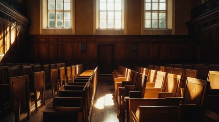 The empty juror section of a courtroom, bathed in soft light, symbolizes the impartial judgment that awaits.