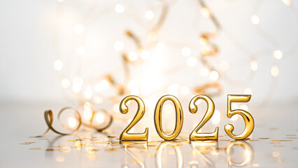 Golden 2025 numbers in festive decorations and sparkling lights. New Year background.