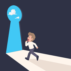 Businessman running to keyhole door on big wall, concept business opportunity and challenges in the future. isometric.illustration.vector