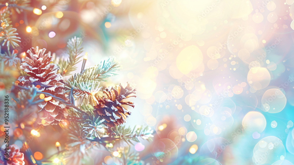Poster festive holiday background with christmas tree branch adorned with pine cones and sparkling lights