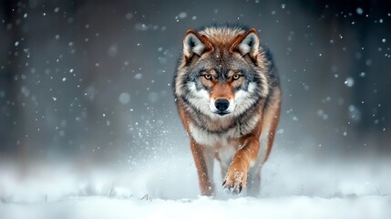Obraz premium A majestic wolf walks through a snowy landscape, showcasing its captivating beauty amidst falling snowflakes.