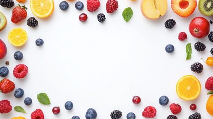 Flat lay of assorted fruits and berries on a white background. Copy space in the middle. 