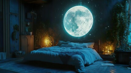 Serene Bedroom with Moon Phase Headboard Soft Ambient Lighting and a Relaxing Celestial Vibe