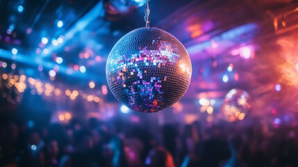 Obraz premium Glitter ball hanging from the ceiling at a dance club with colorful lights and a crowd below. 