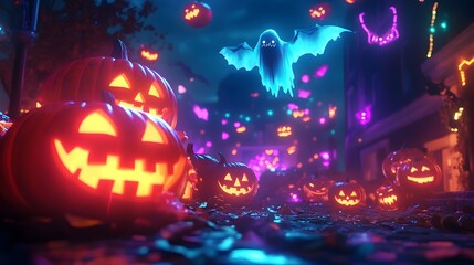 Eerie Halloween with Glowing Pumpkins and Spooky Supernatural Creatures